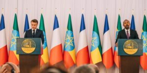 French President Emmanuel Macron addresses media during a joint news conference at the National Palace with Ethiopian Prime Minister Abiy Ahmed 750x375 1